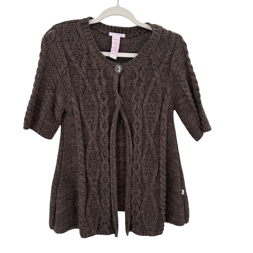Pink Cardigan Brown Cable Knit Short Sleeve 2 Button Y2k Cardigan Cottagecore L